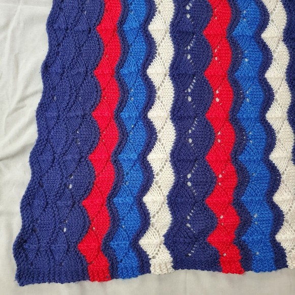 VINTAGE Blue Scalloped Handknit Afghan Crochet Blanket Throw HANDMADE Soft 36x40 - Picture 2 of 8